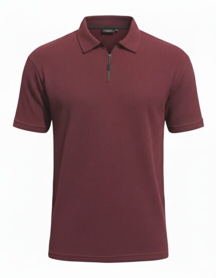 Men's Maroon Textured Half-Zip Polo Shirt