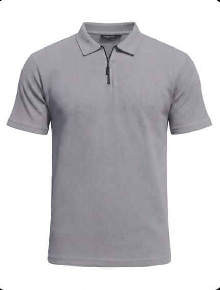 Men's Light Grey Textured Half-Zip Polo Shirt
